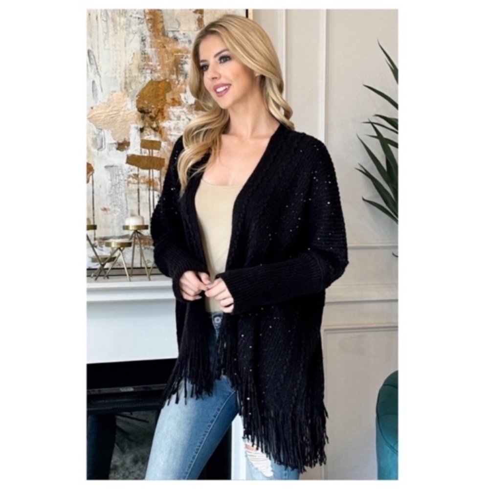 NEW Black Sequin & Fringe Cardigan - Picture 5 of 15